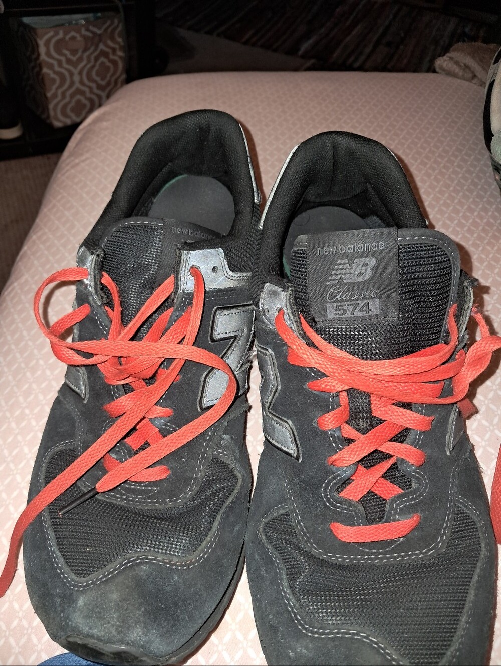 New Balance Mens' 574 Sz 11.5 Black with Orange Laces